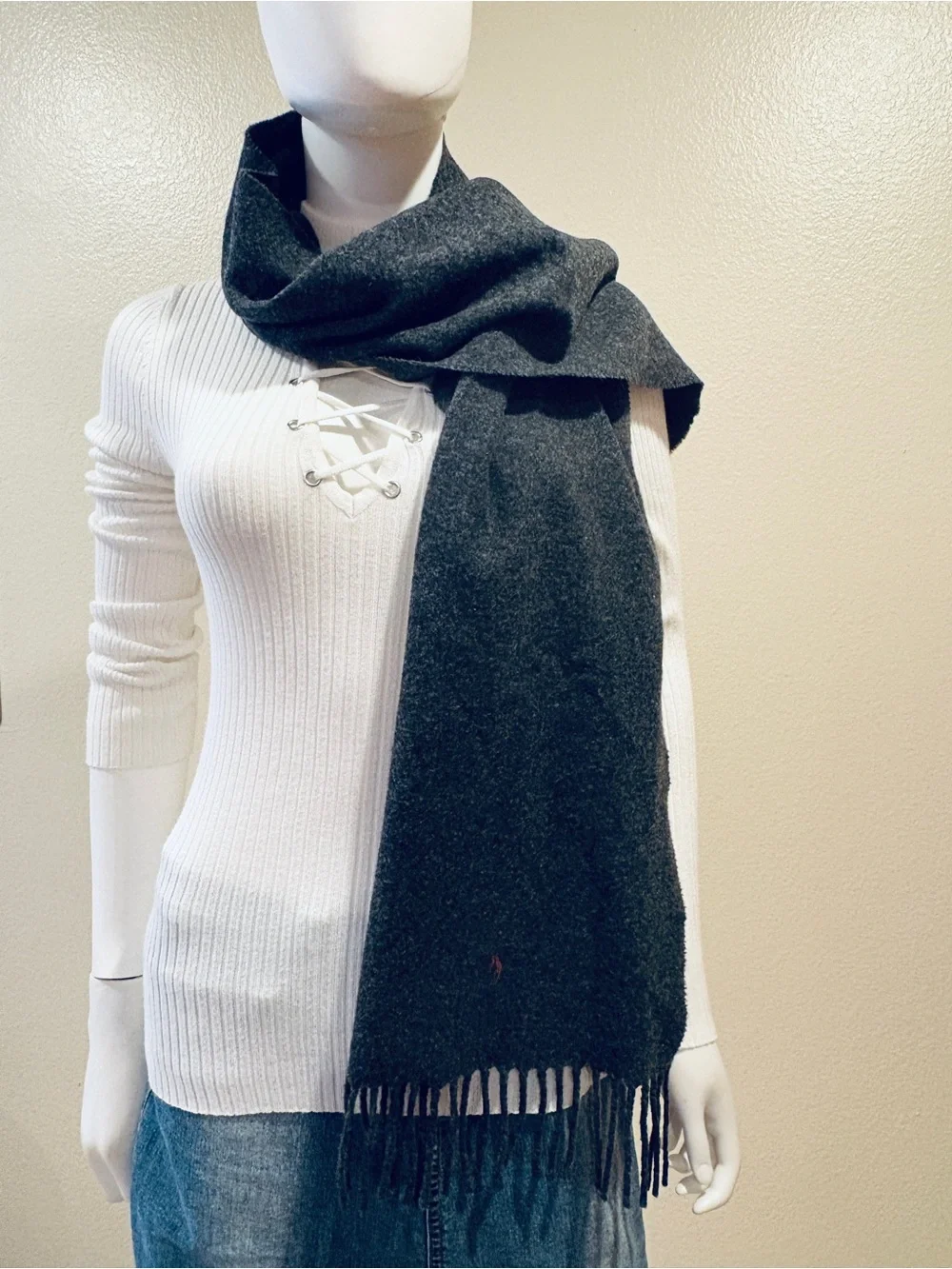 Polo Ralph Lauren Mens Classic Lambswool Scarf Charcoal Grey Wool Fringe Unisex